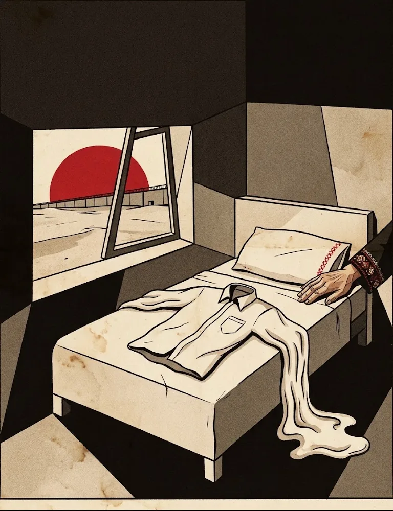 AI-generated illustration: a son’s empty room, a pressed shirt slipping off the bed, a mother’s hand on the pillow, and a prison wall under a red sun beyond the window.
