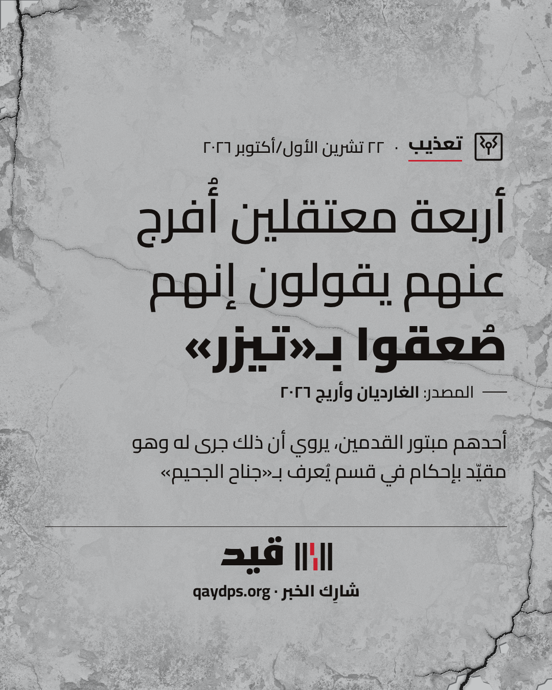 أربعة معتقلين أُفرج عنهم يقولون إنهم صُعقوا بـ«تيزر» — أحدهم مبتور القدمين، يروي أن ذلك جرى له وهو مقيّد بإحكام في قسم يُعرف بـ«جناح الجحيم»