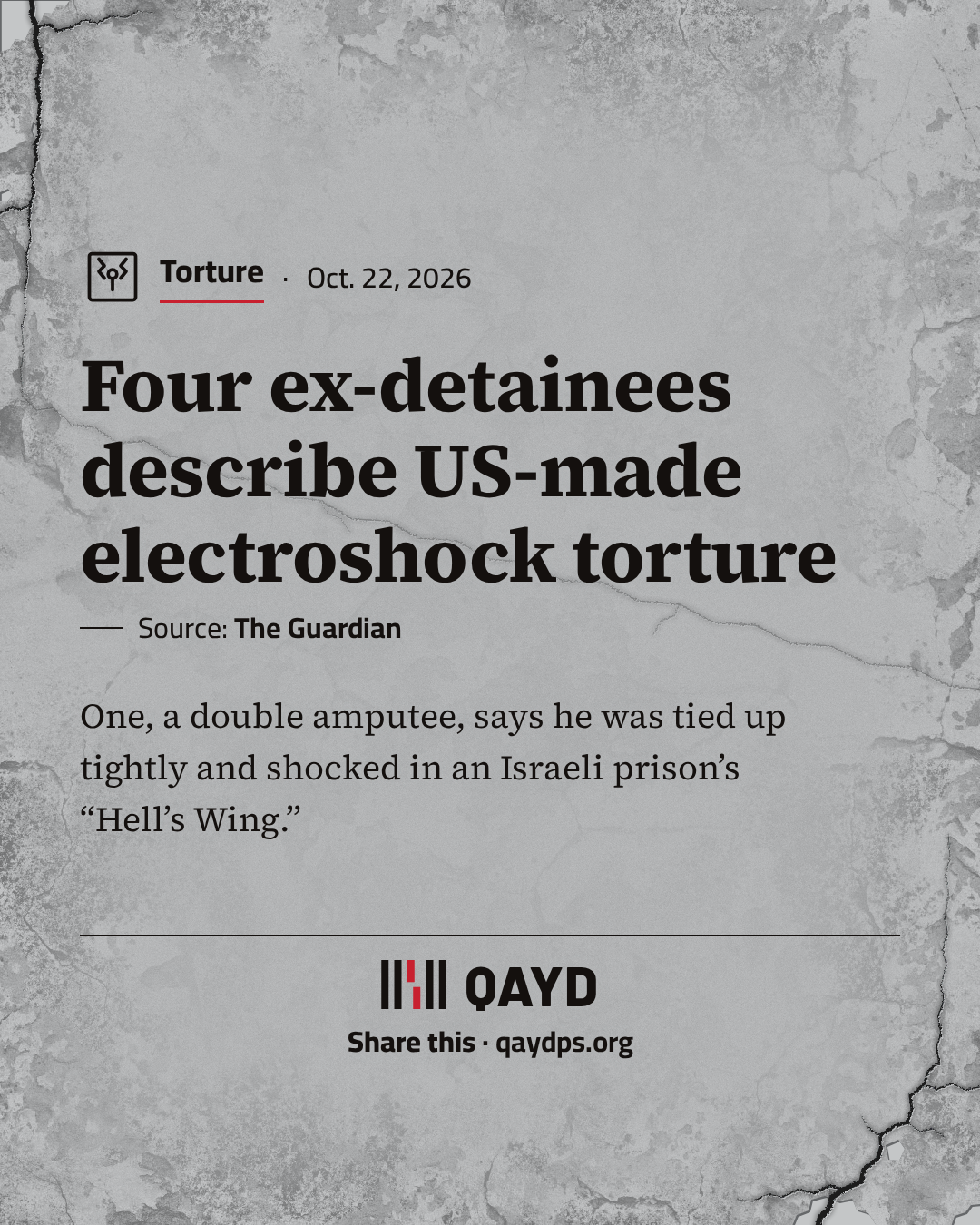 Four ex-detainees describe US-made electroshock torture — One, a double amputee, says he was tied up tightly and shocked in an Israeli prison’s “Hell’s Wing.”
