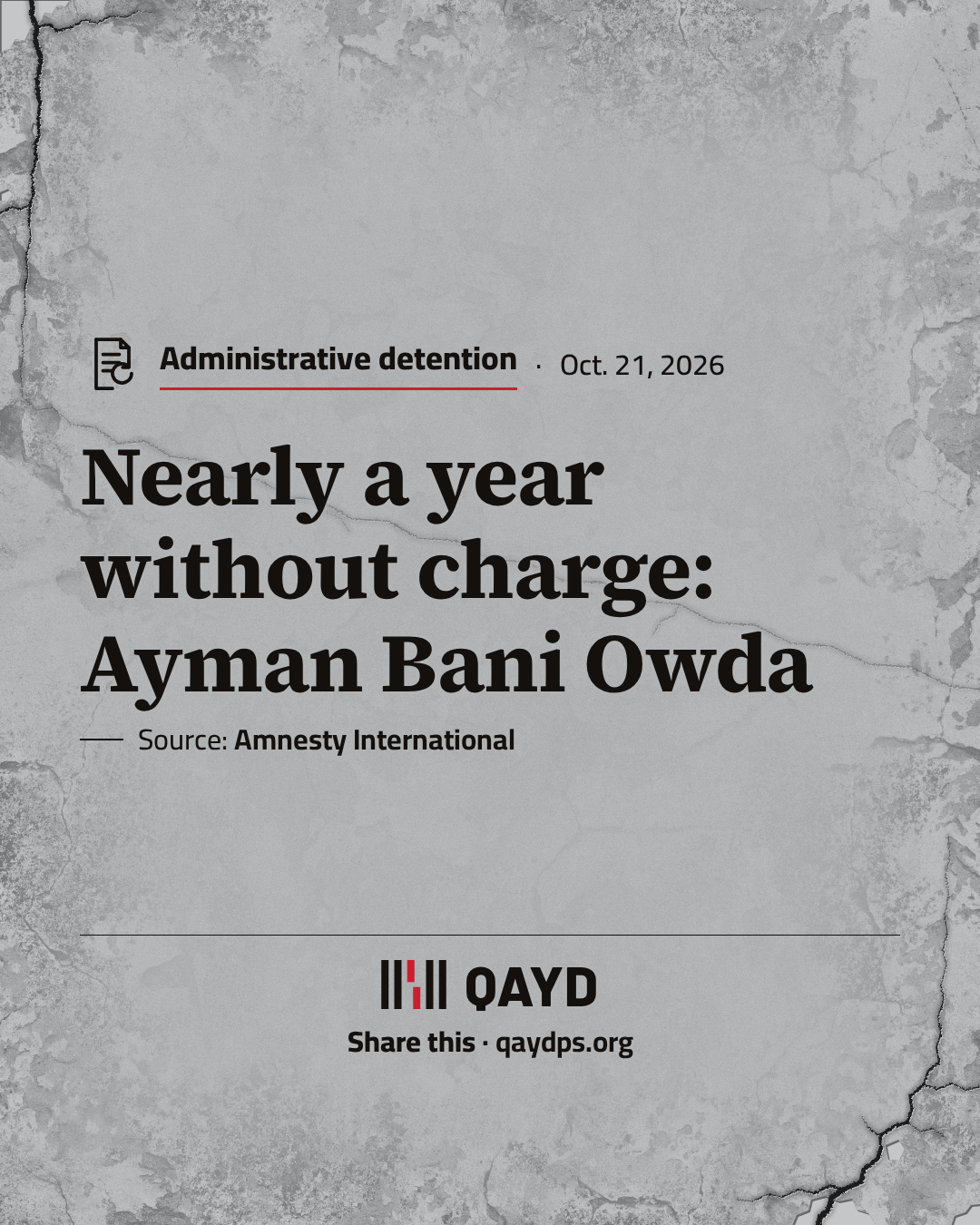 Nearly a year without charge: Ayman Bani Owda