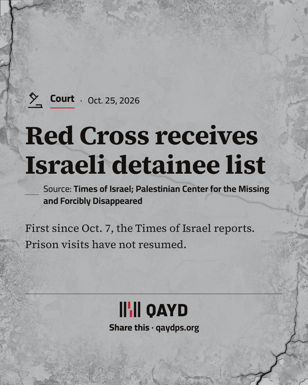 Red Cross receives Israeli detainee list — First since Oct. 7, the Times of Israel reports. Prison visits have not resumed.