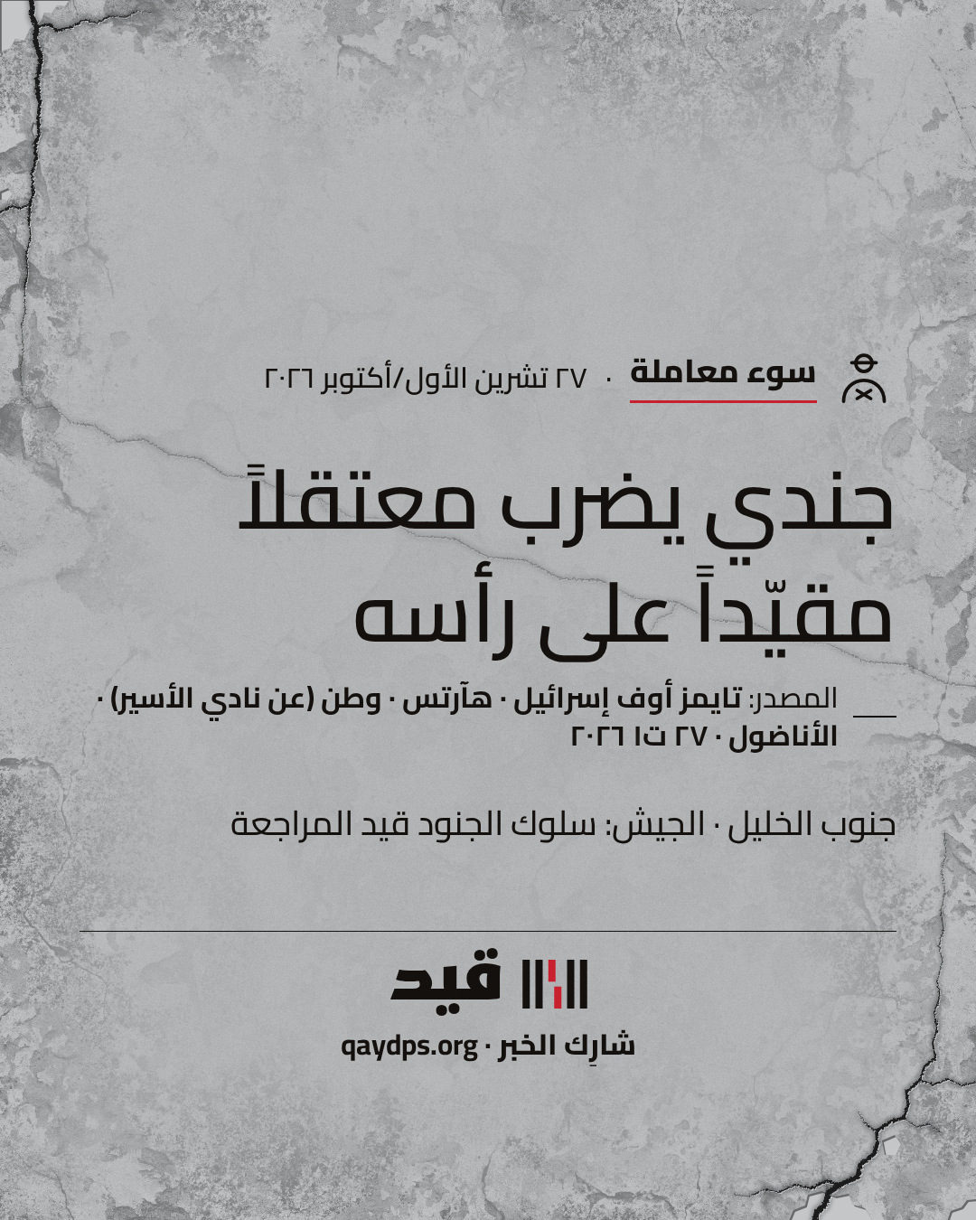 جندي يضرب معتقلاً مقيّداً على رأسه — جنوب الخليل · الجيش: سلوك الجنود قيد المراجعة