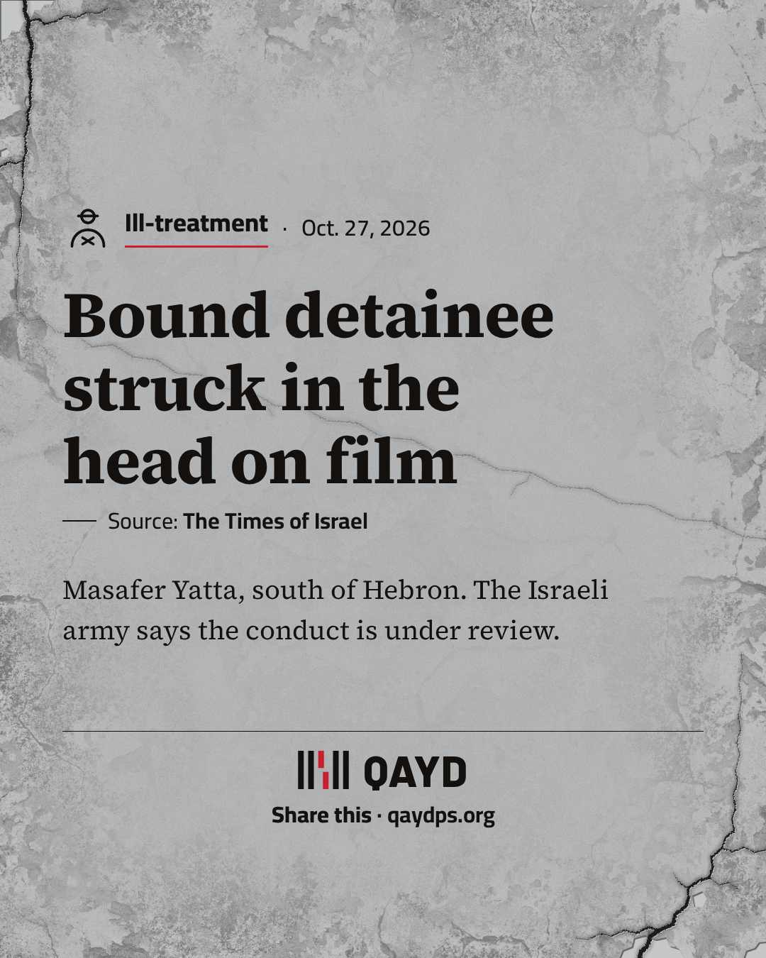 Bound detainee struck in the head on film — Masafer Yatta, south of Hebron. The Israeli army says the conduct is under review.