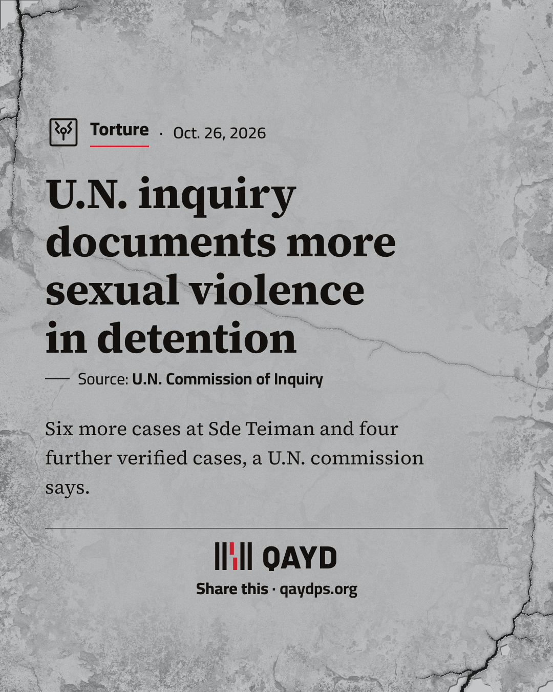 U.N. inquiry documents more sexual violence in detention — Six more cases at Sde Teiman and four further verified cases, a U.N. commission says.